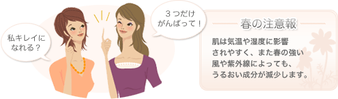 【春の注意報】肌は気温や湿度に影響されやすく、また春の強い風や紫外線によっても、うるおい成分が減少します。
