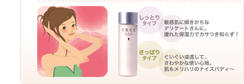 しっとりタイプ：敏感肌に傾きがちなデリケートさんに。優れた保湿力でカサつき知らず！／さっぱりタイプ：ぐいぐい浸透して、さわやかな使い心地。肌もメリハリのナイスバディ〜