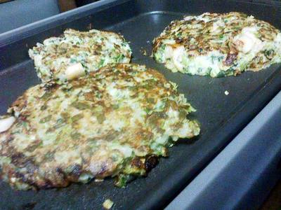 れんこんとほたてのお好み焼きと大学いも