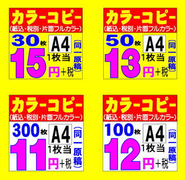 A4片面 カラー 30枚 x @15+税 = 495円 （同一原稿）