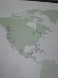 世界地図に滞在場所のドット打ち（旅111日後・4月20日） 2011/04/24 18:15:38