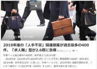 【人手不足倒産】先ほどYahooニュースのトピックで流れて来た人手不足関連倒産が過去最多の400件というトピック 2019/04/05 19:02:32